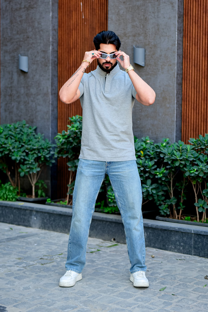 Blue Mandarin Collar Tinted Fabric Henley T-Shirt