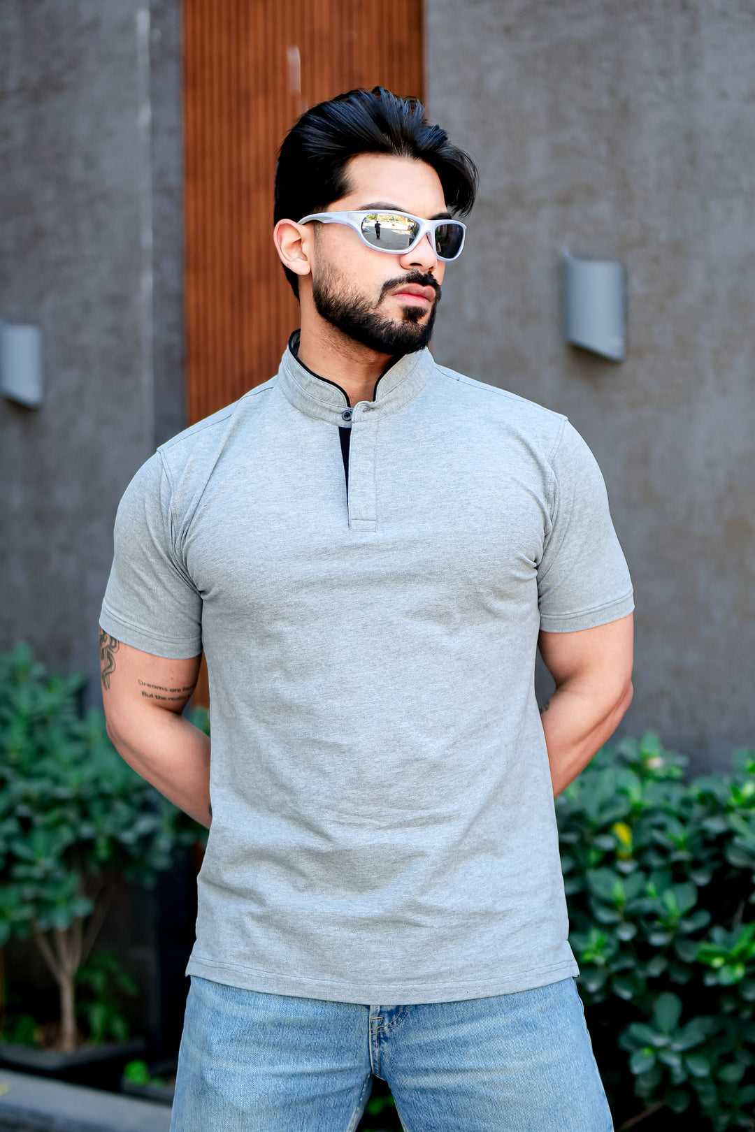 Blue Mandarin Collar Tinted Fabric Henley T-Shirt