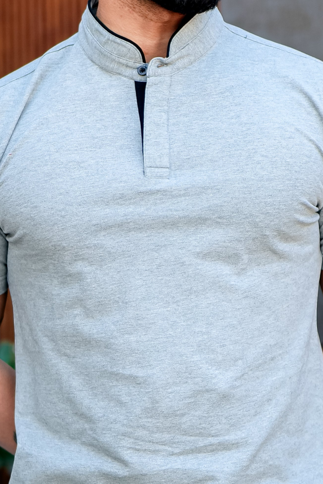 Blue Mandarin Collar Tinted Fabric Henley T-Shirt