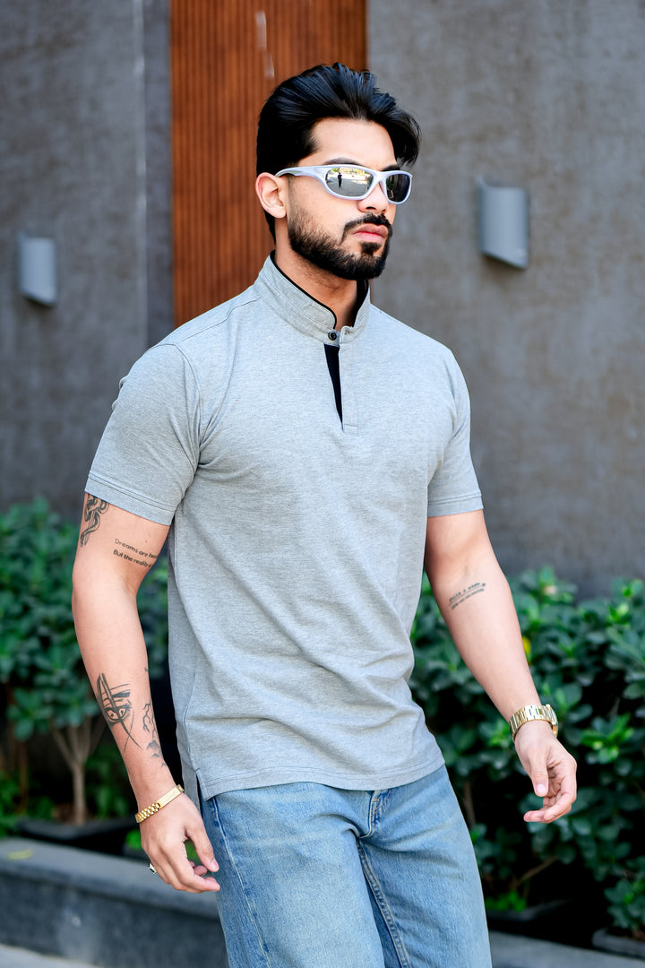 Blue Mandarin Collar Tinted Fabric Henley T-Shirt