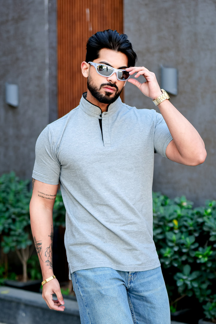 Blue Mandarin Collar Tinted Fabric Henley T-Shirt