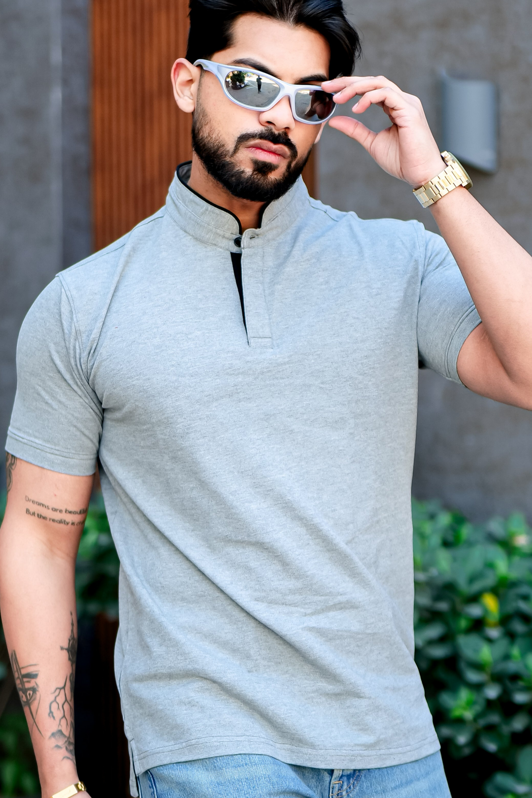 Blue Mandarin Collar Tinted Fabric Henley T-Shirt
