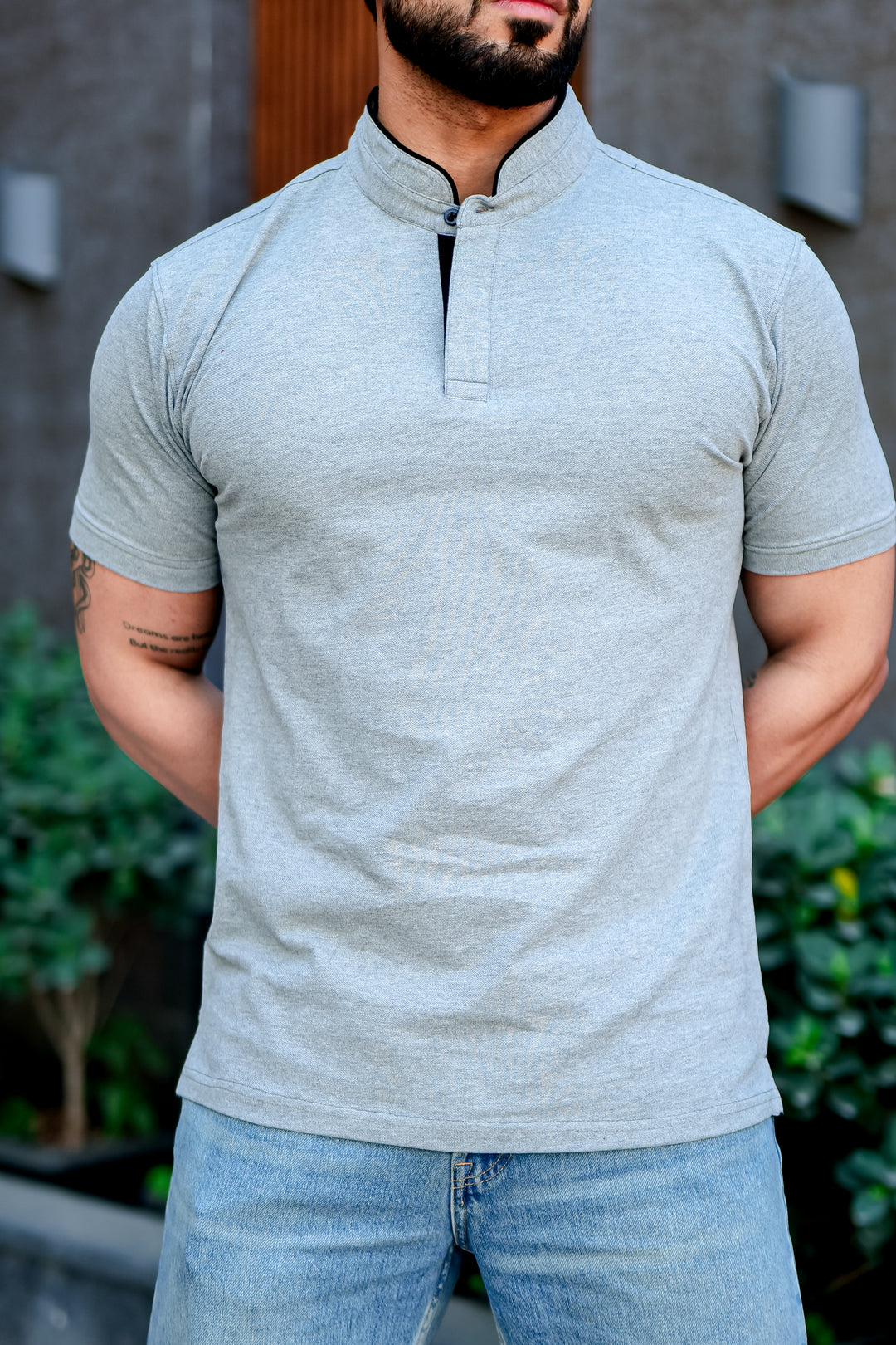 Blue Mandarin Collar Tinted Fabric Henley T-Shirt