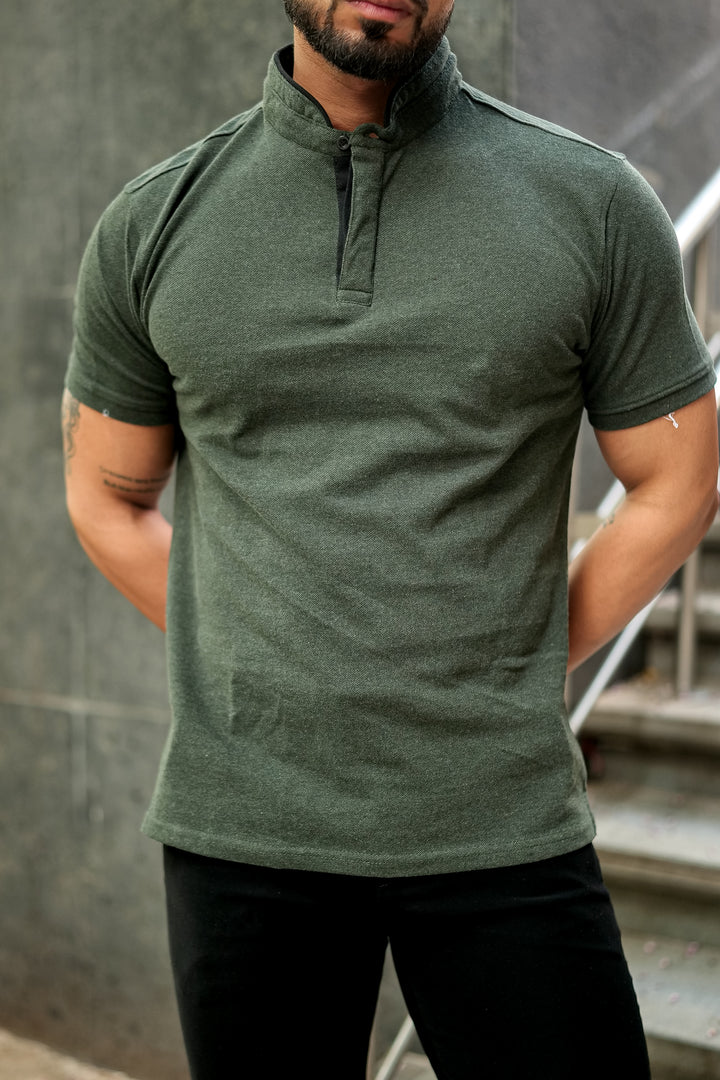 Dark Green Mandarin Collar Tinted Fabric Henley T-Shirt