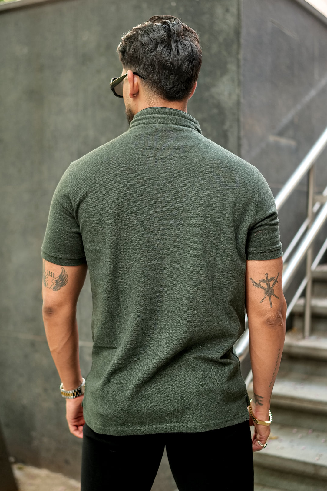 Dark Green Mandarin Collar Tinted Fabric Henley T-Shirt