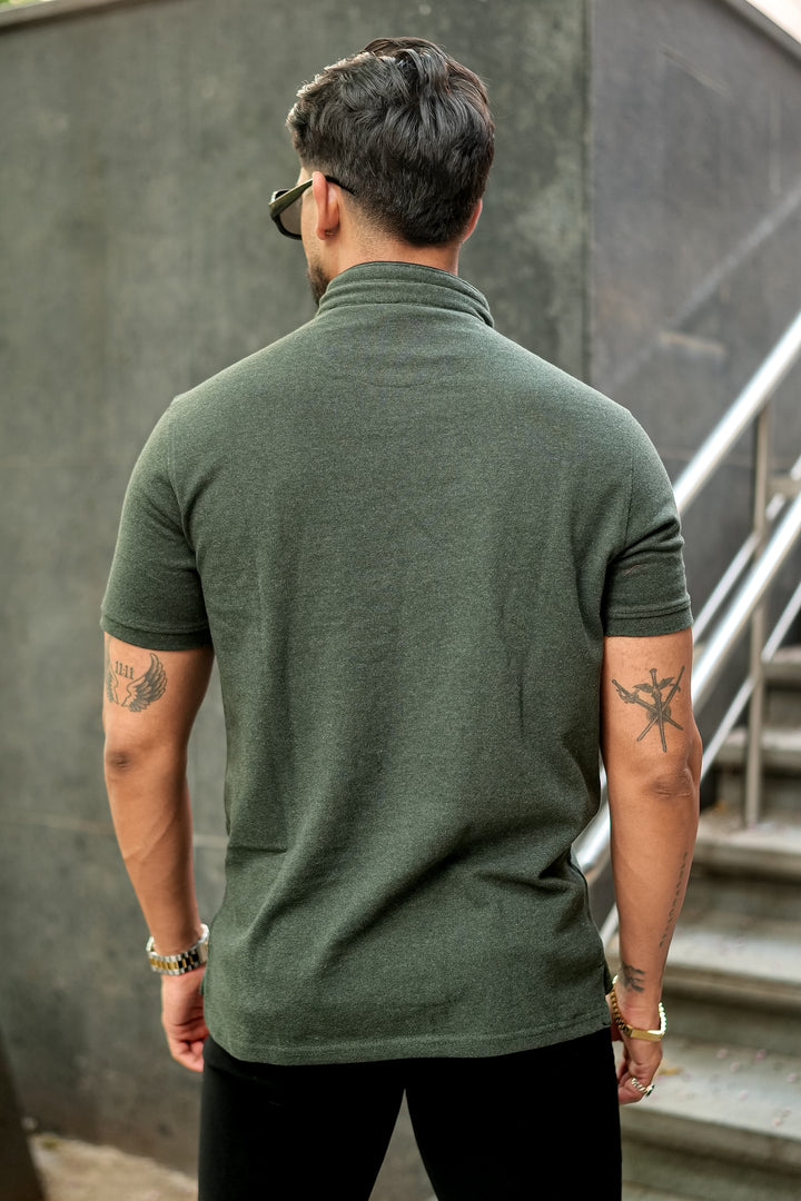 Dark Green Mandarin Collar Tinted Fabric Henley T-Shirt