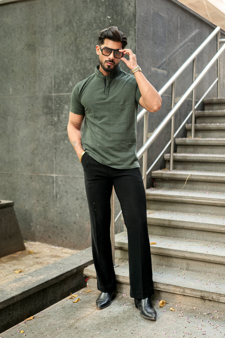 Dark Green Mandarin Collar Tinted Fabric Henley T-Shirt