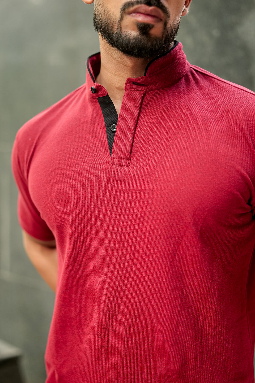 Maroon Mandarin Collar Tinted Fabric Henley T-Shirt