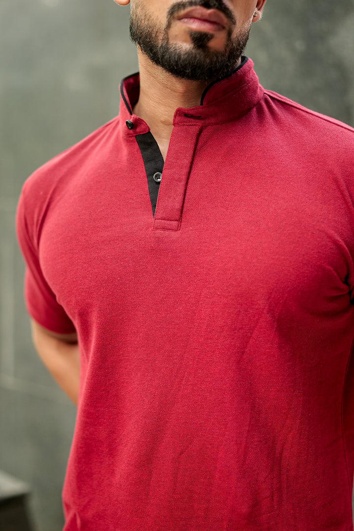 Maroon Mandarin Collar Tinted Fabric Henley T-Shirt