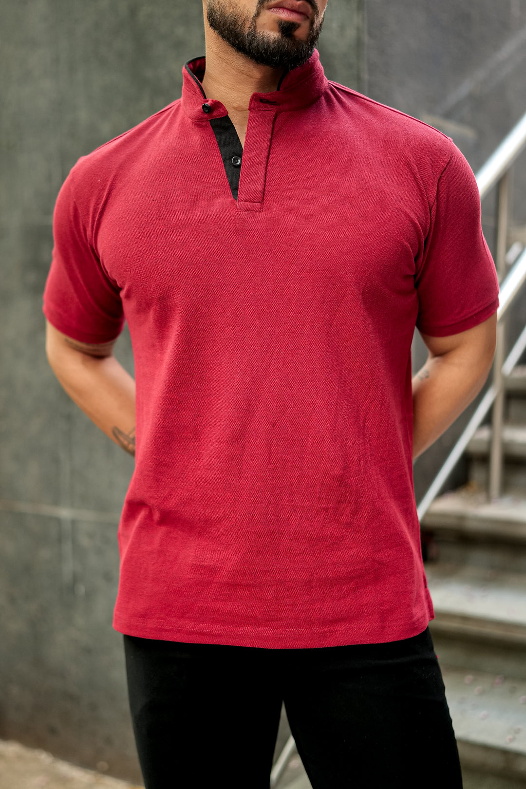 Maroon Mandarin Collar Tinted Fabric Henley T-Shirt