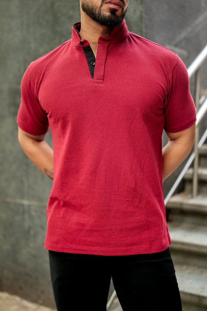 Maroon Mandarin Collar Tinted Fabric Henley T-Shirt
