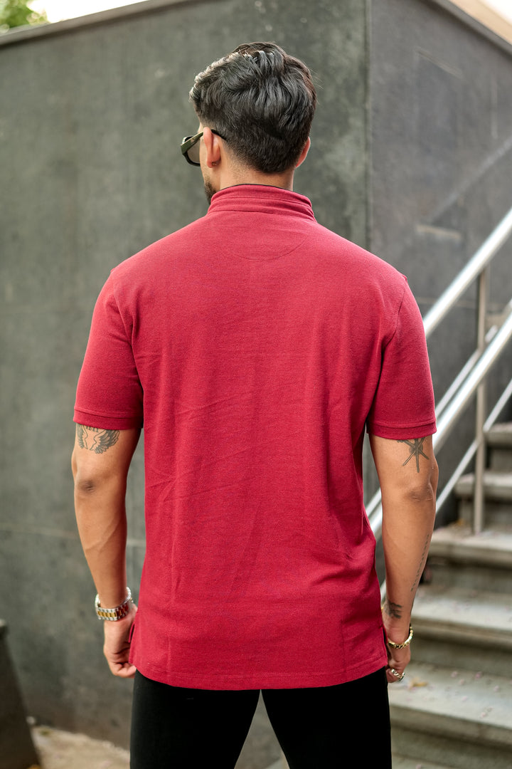 Maroon Mandarin Collar Tinted Fabric Henley T-Shirt