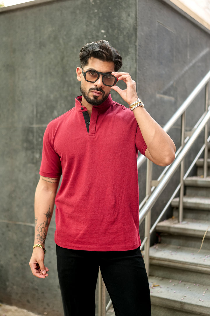 Maroon Mandarin Collar Tinted Fabric Henley T-Shirt