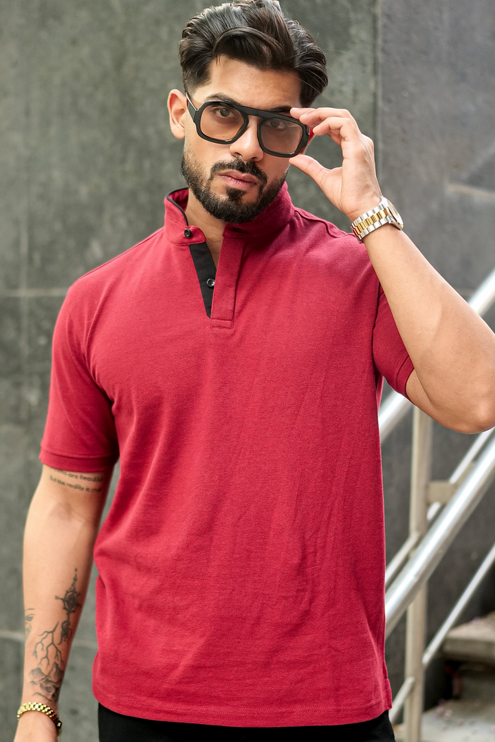 Maroon Mandarin Collar Tinted Fabric Henley T-Shirt