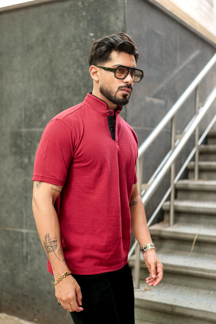 Maroon Mandarin Collar Tinted Fabric Henley T-Shirt