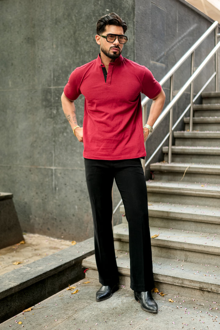 Maroon Mandarin Collar Tinted Fabric Henley T-Shirt