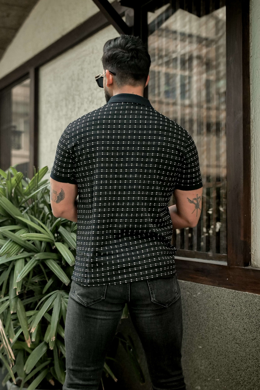 Black Self Design Polo T-Shirt