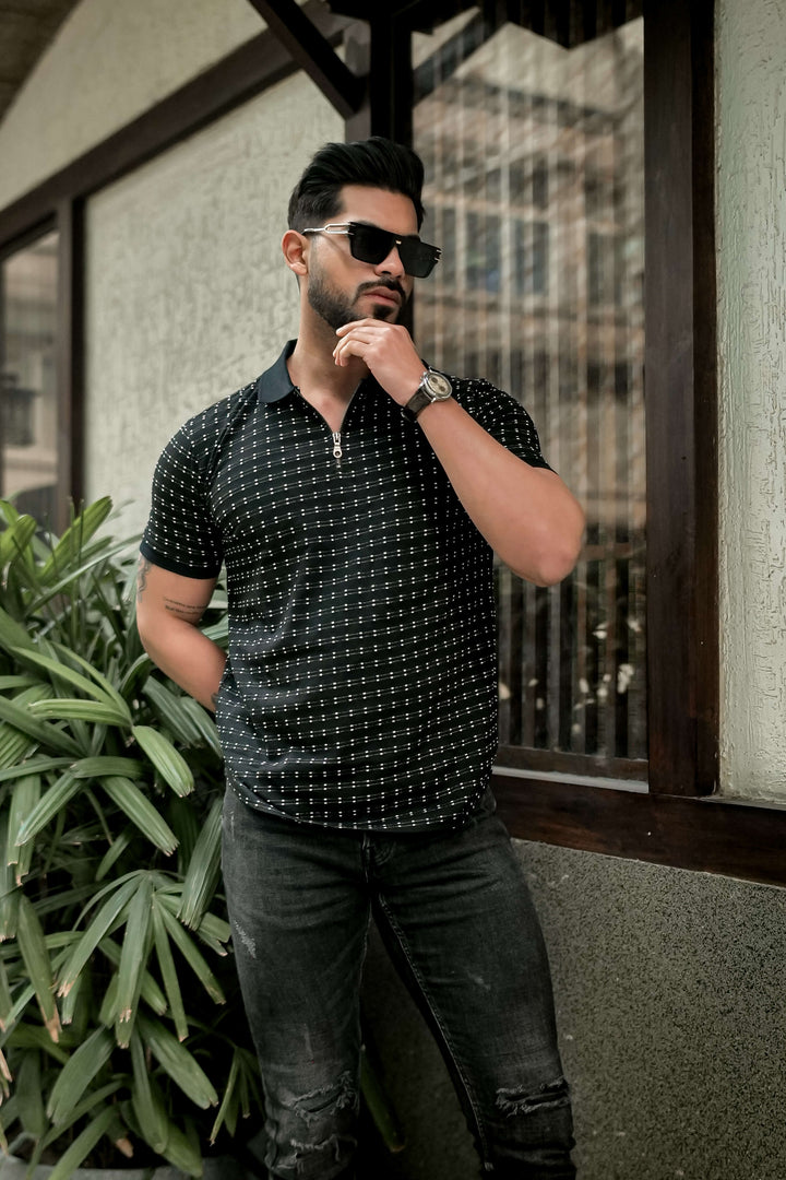 Black Self Design Polo T-Shirt