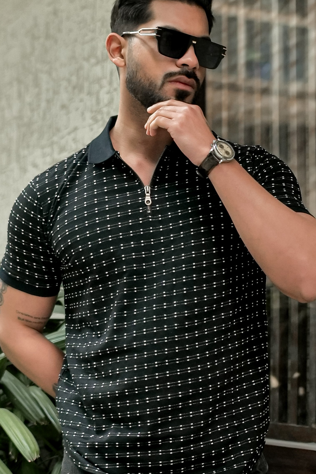 Black Self Design Polo T-Shirt