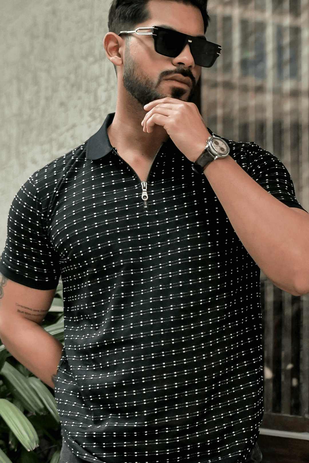 Black Self Design Polo T-Shirt