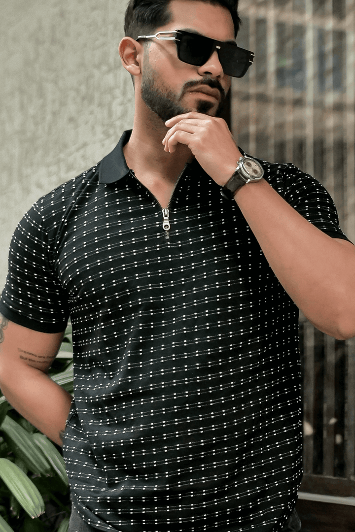 Black Self Design Polo T-Shirt