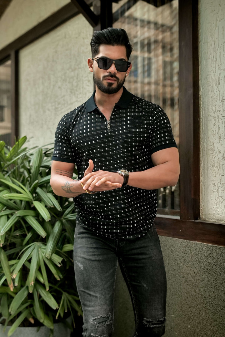 Black Self Design Polo T-Shirt