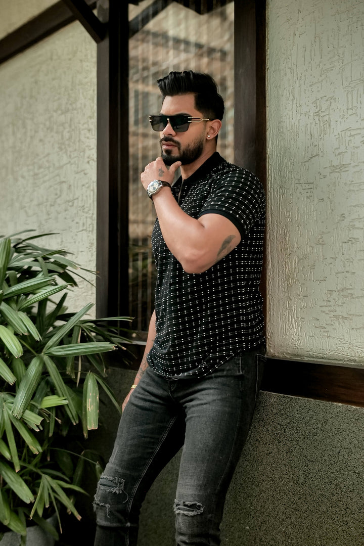 Black Self Design Polo T-Shirt