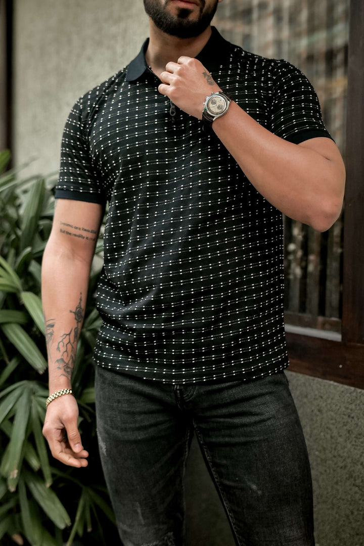 Black Self Design Polo T-Shirt