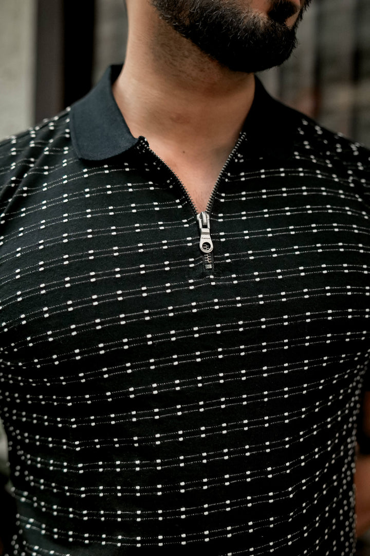 Black Self Design Polo T-Shirt