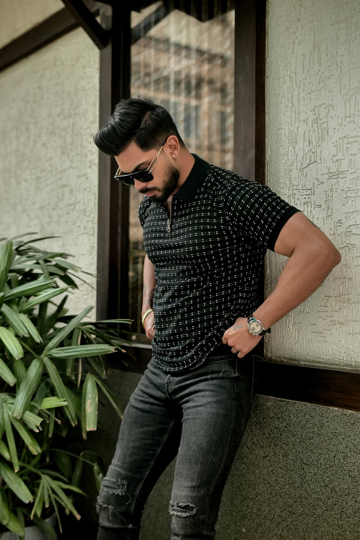 Black Self Design Polo T-Shirt
