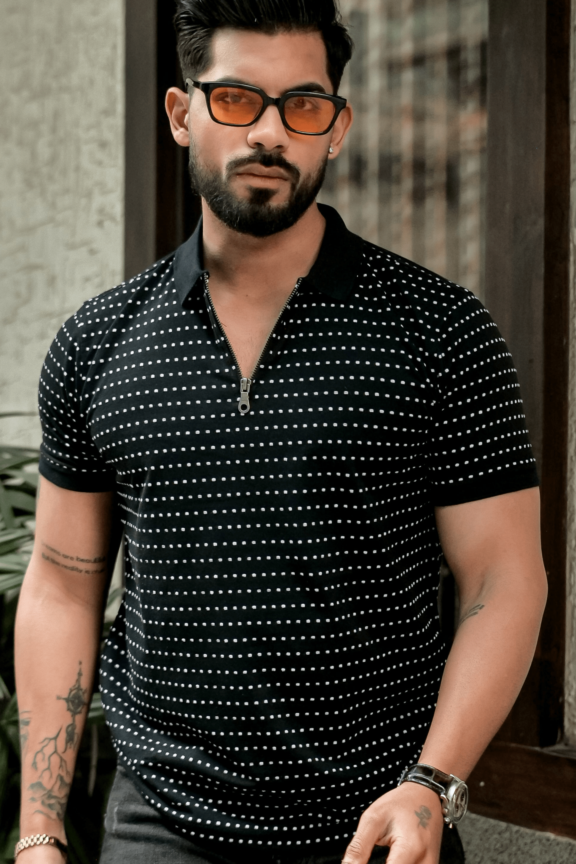 Black Self Design Polo Neck Dot T-Shirt With Collar