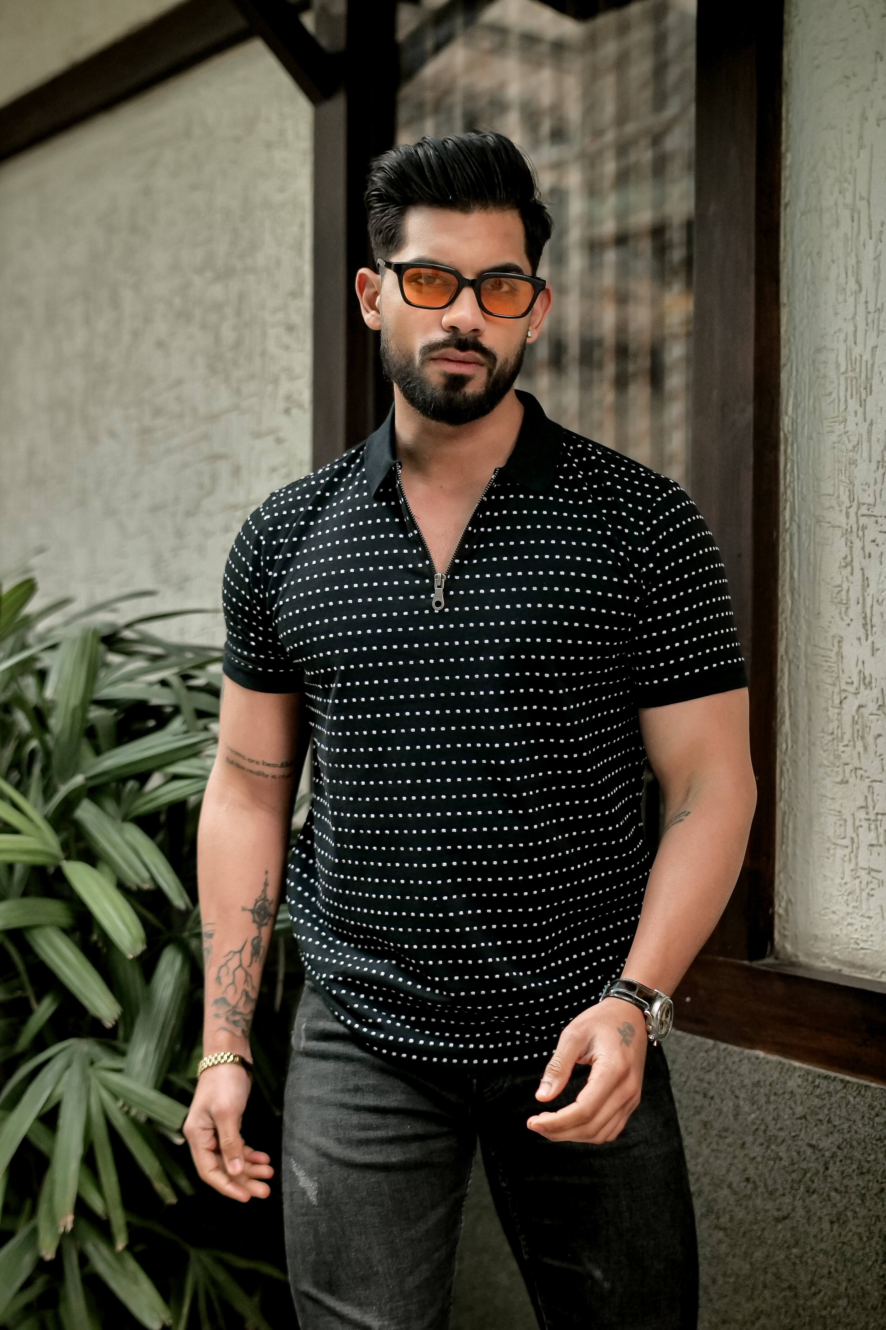 Black Self Design Polo Neck Dot T-Shirt With Collar