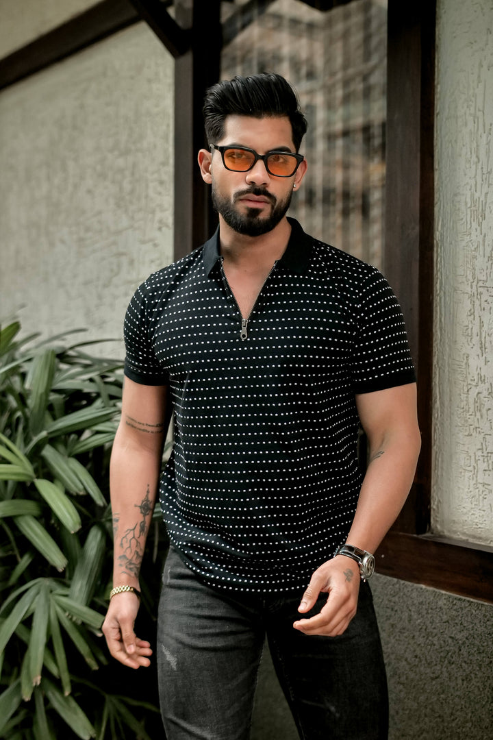 Black Self Design Polo Neck Dot T-Shirt With Collar