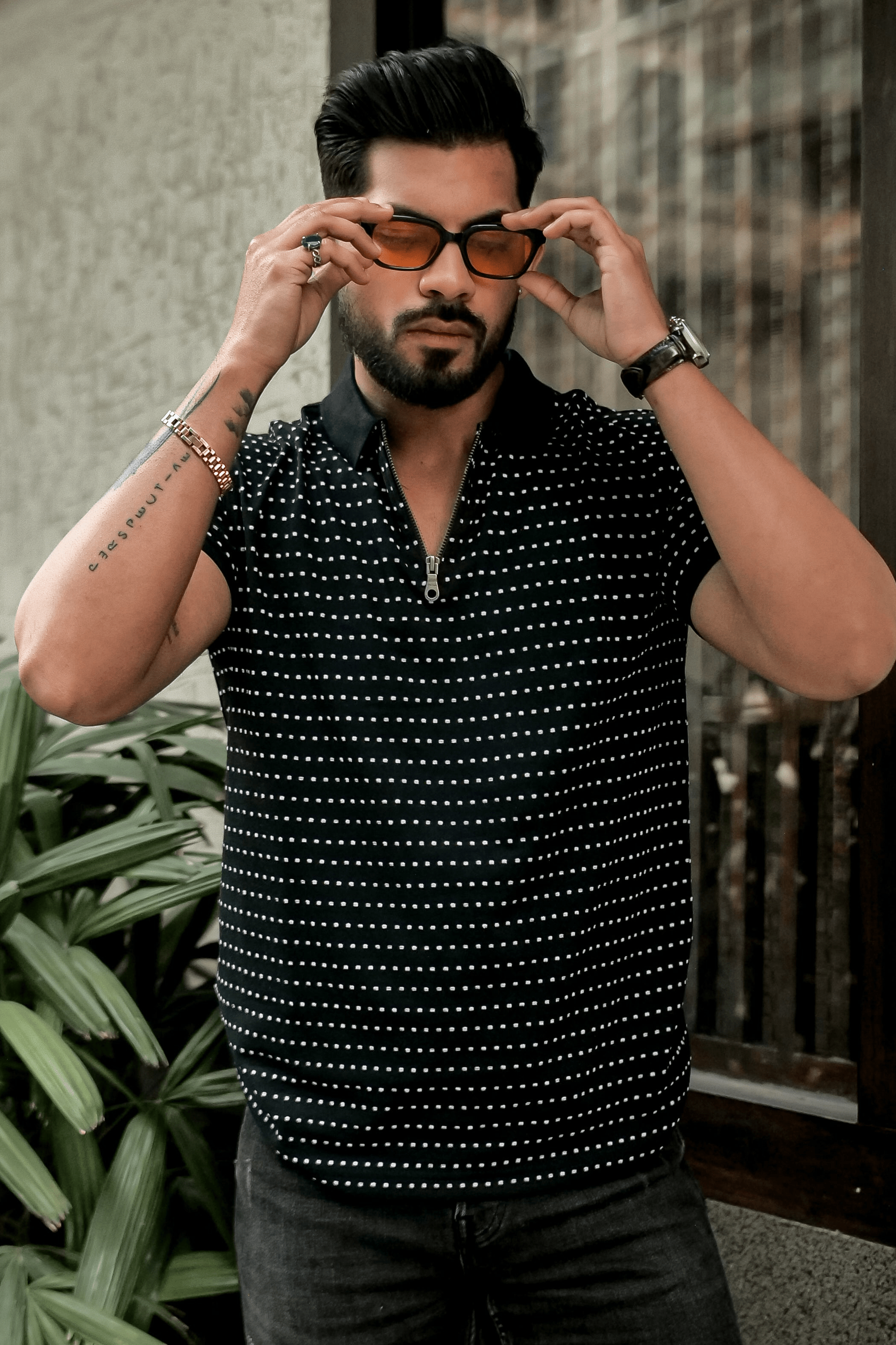 Black Self Design Polo Neck Dot T-Shirt With Collar