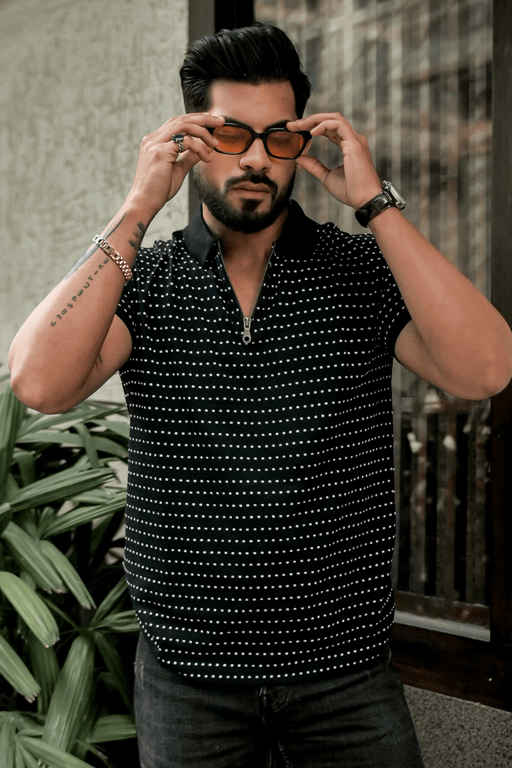 Black Self Design Polo Neck Dot T-Shirt With Collar
