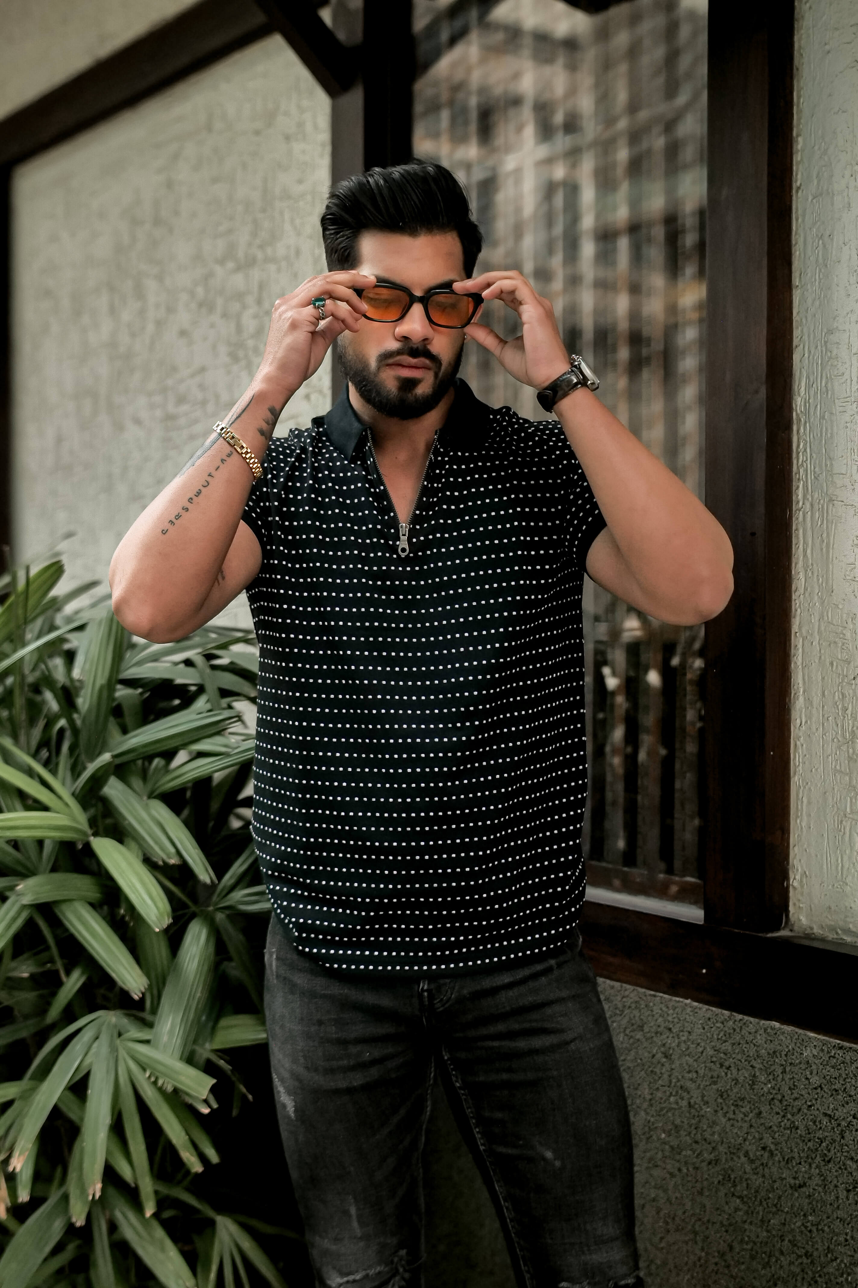 Black Self Design Polo Neck Dot T-Shirt With Collar