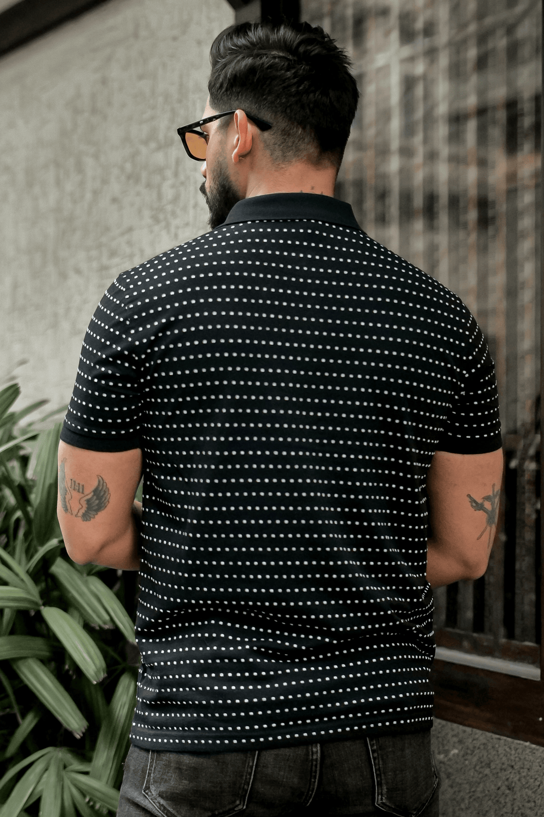 Black Self Design Polo Neck Dot T-Shirt With Collar