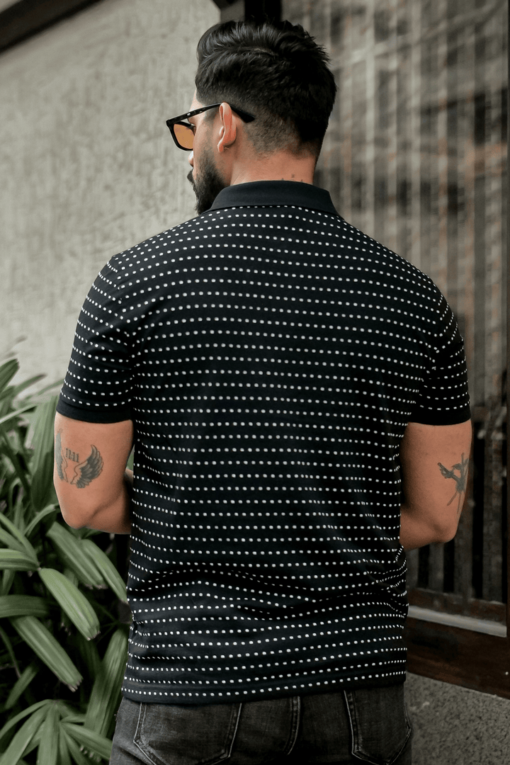 Black Self Design Polo Neck Dot T-Shirt With Collar