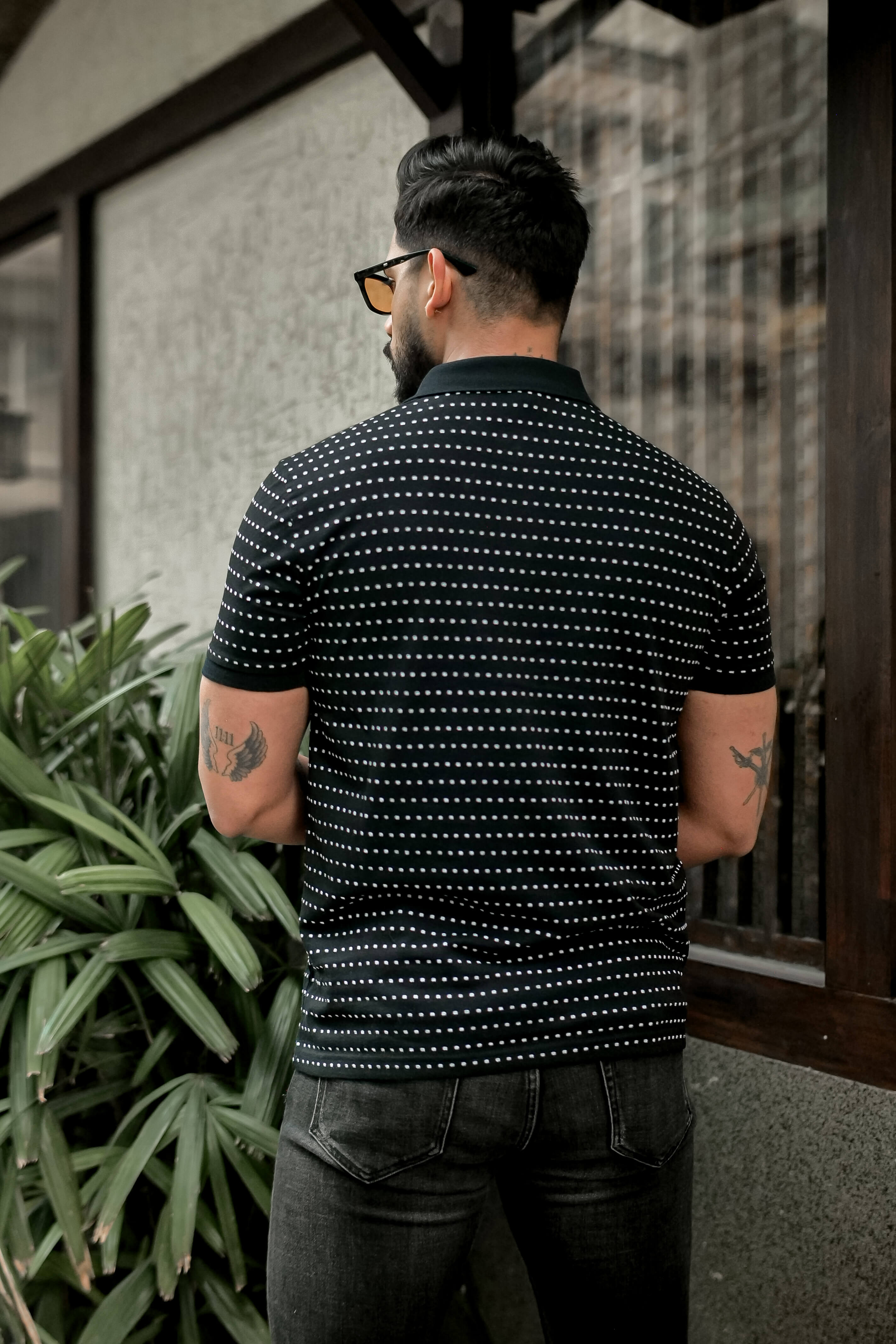 Black Self Design Polo Neck Dot T-Shirt With Collar