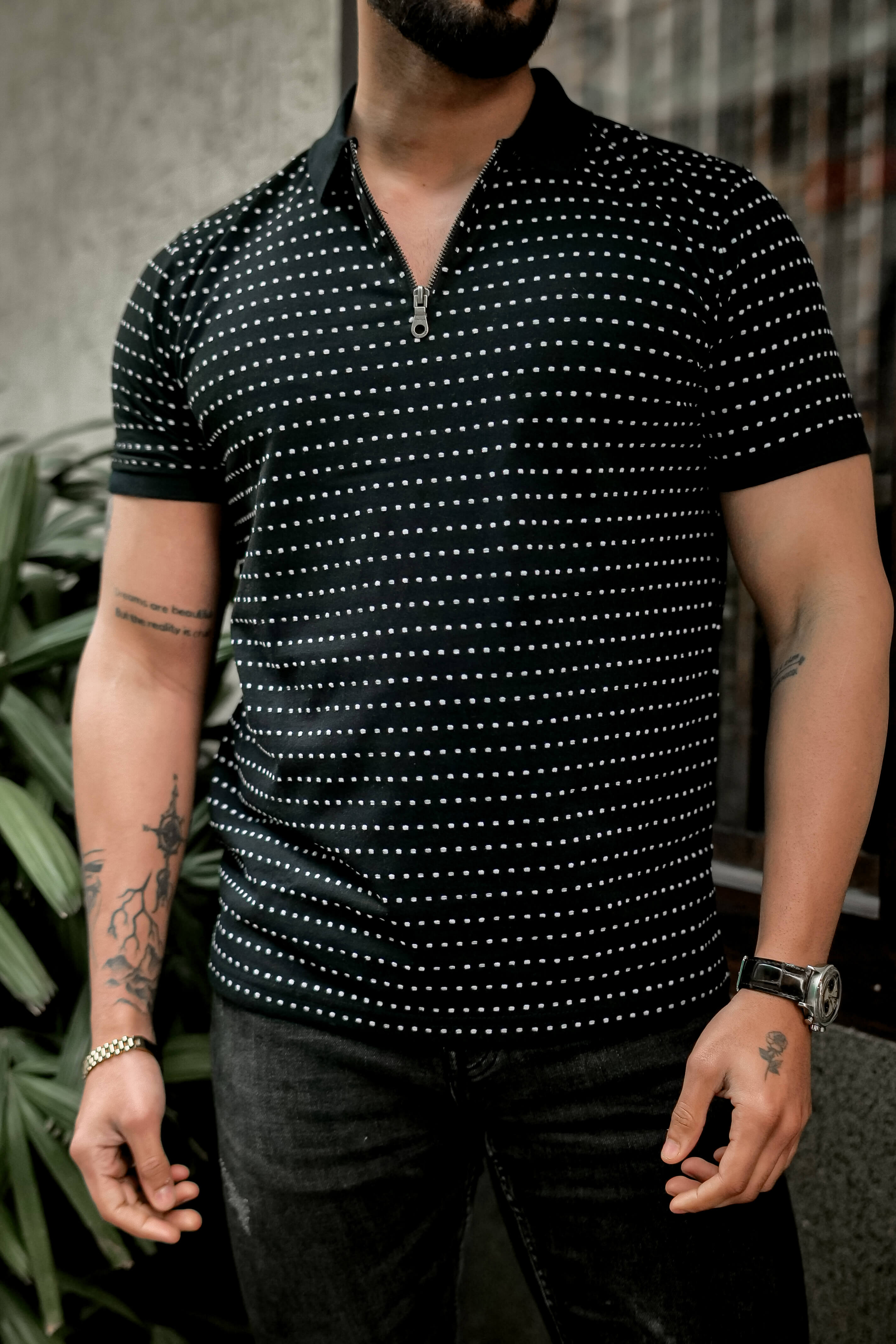 Black Self Design Polo Neck Dot T-Shirt With Collar
