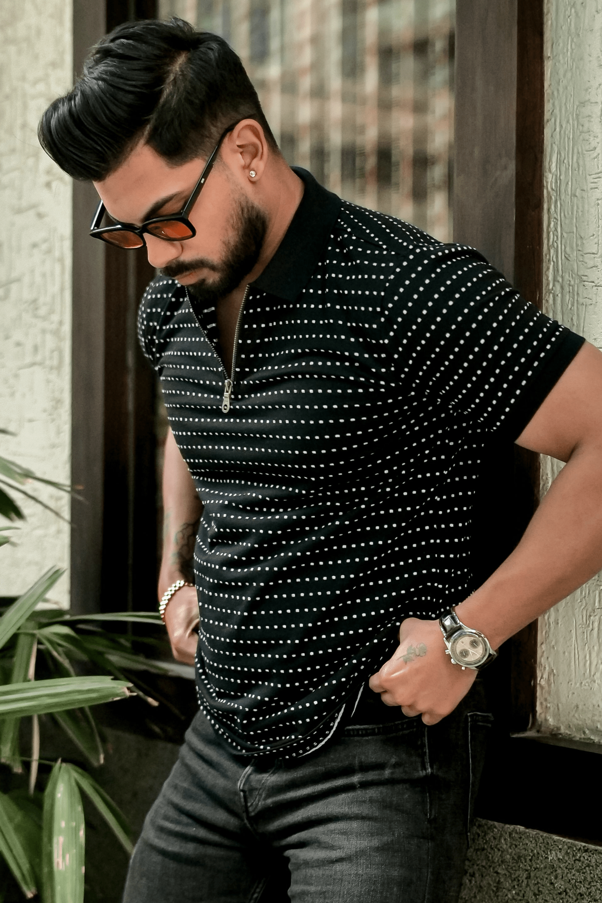 Black Self Design Polo Neck Dot T-Shirt With Collar