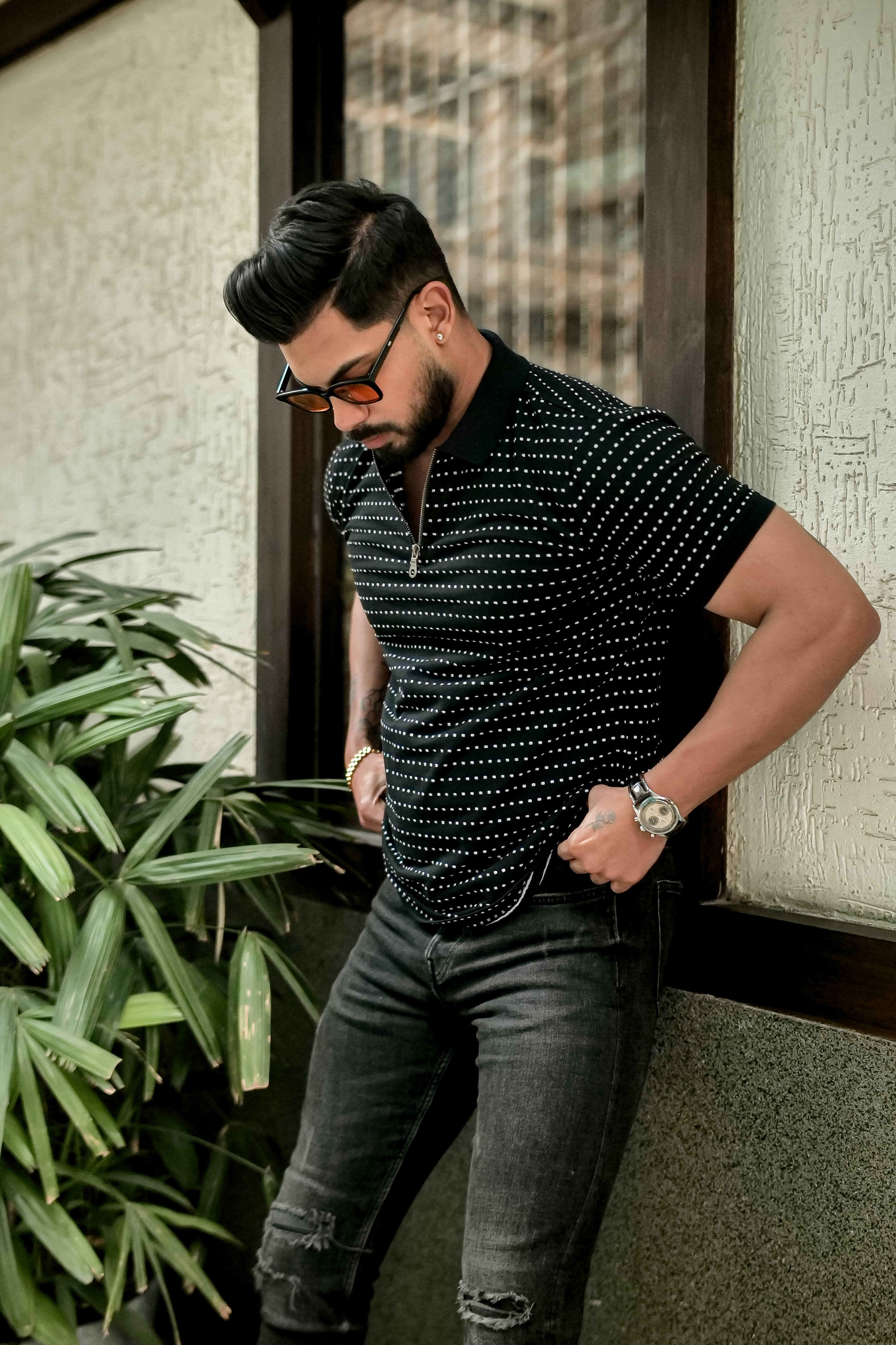 Black Self Design Polo Neck Dot T-Shirt With Collar