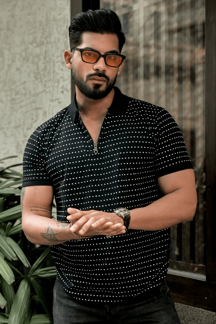 Black Self Design Polo Neck Dot T-Shirt With Collar