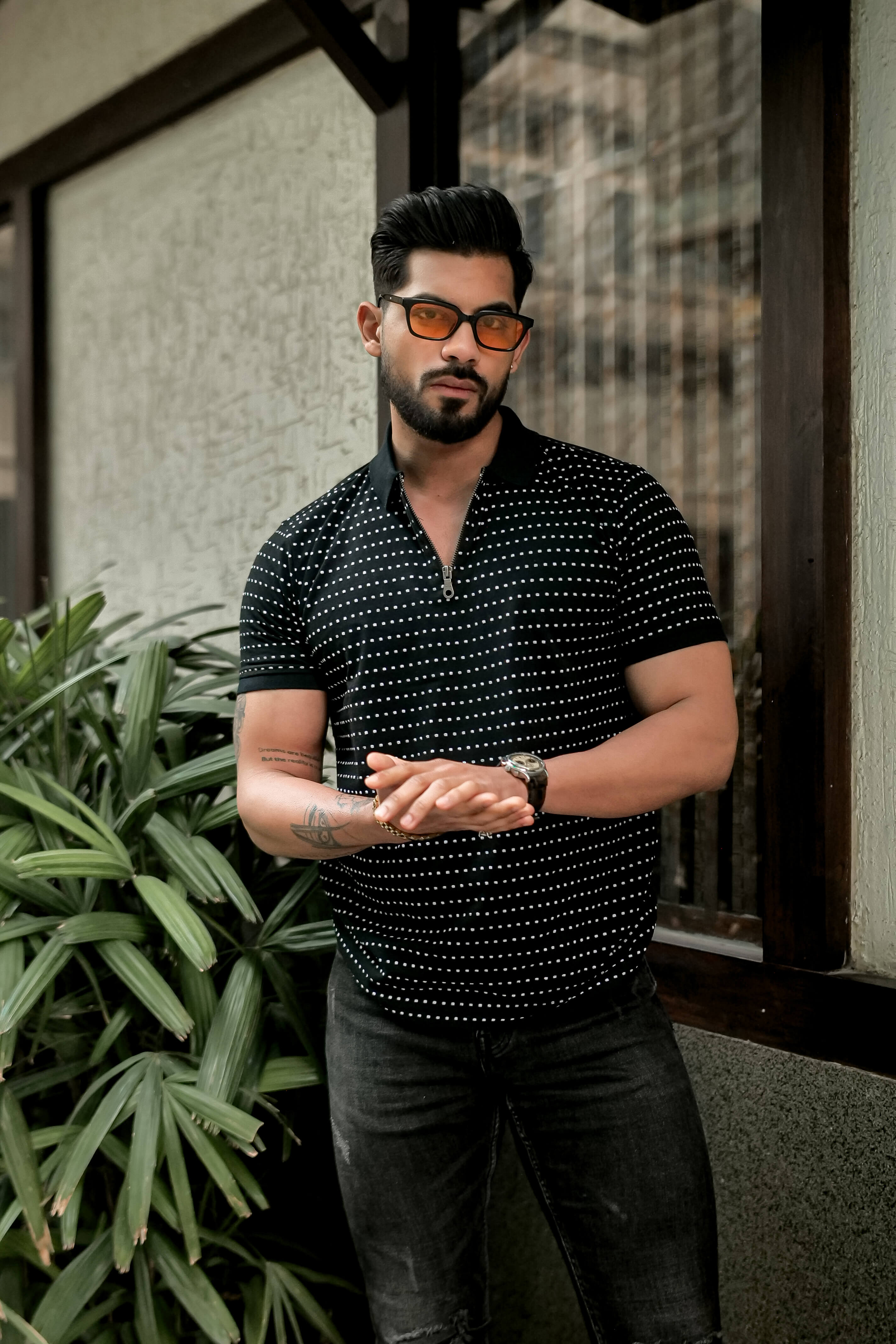 Black Self Design Polo Neck Dot T-Shirt With Collar