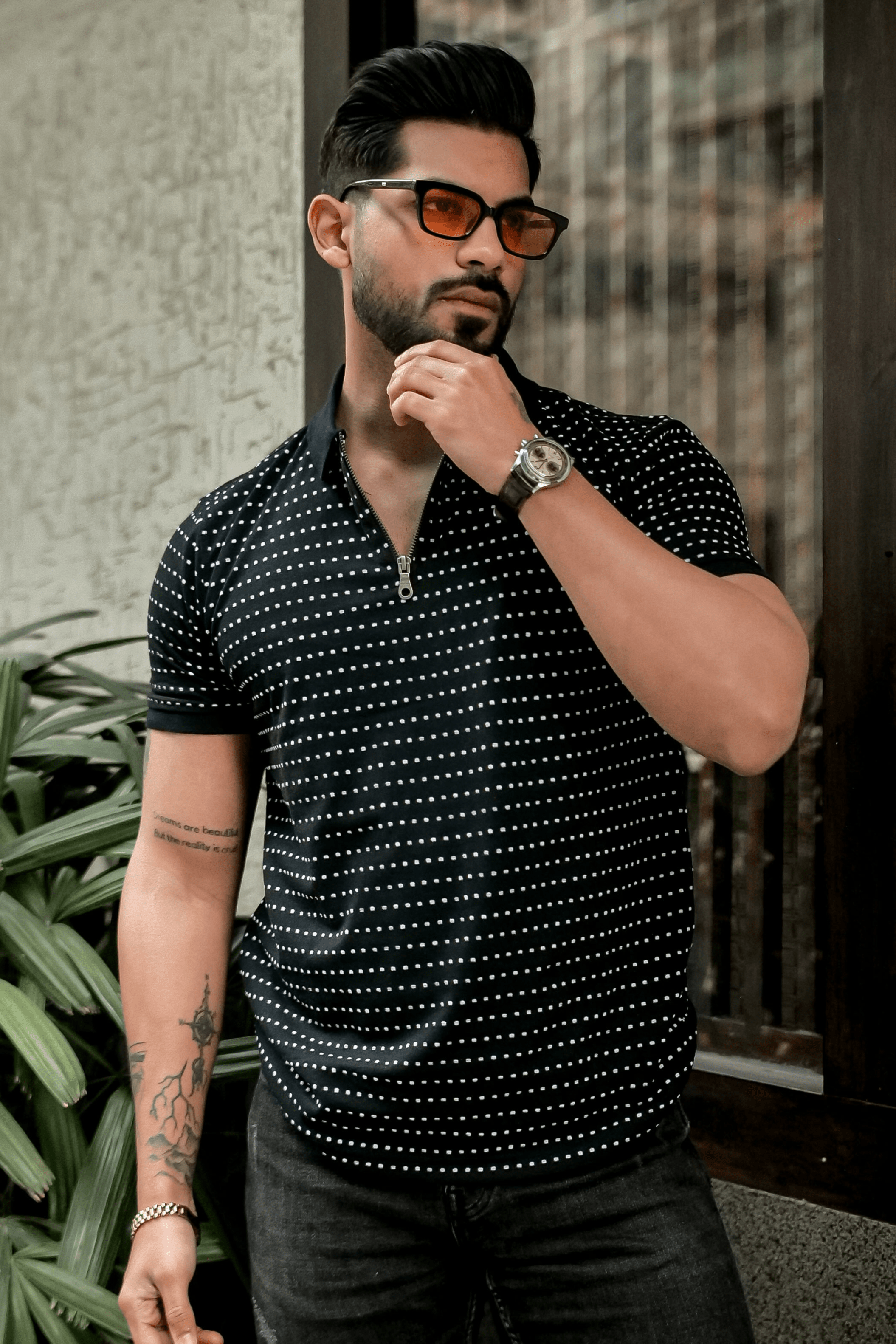 Black Self Design Polo Neck Dot T-Shirt With Collar