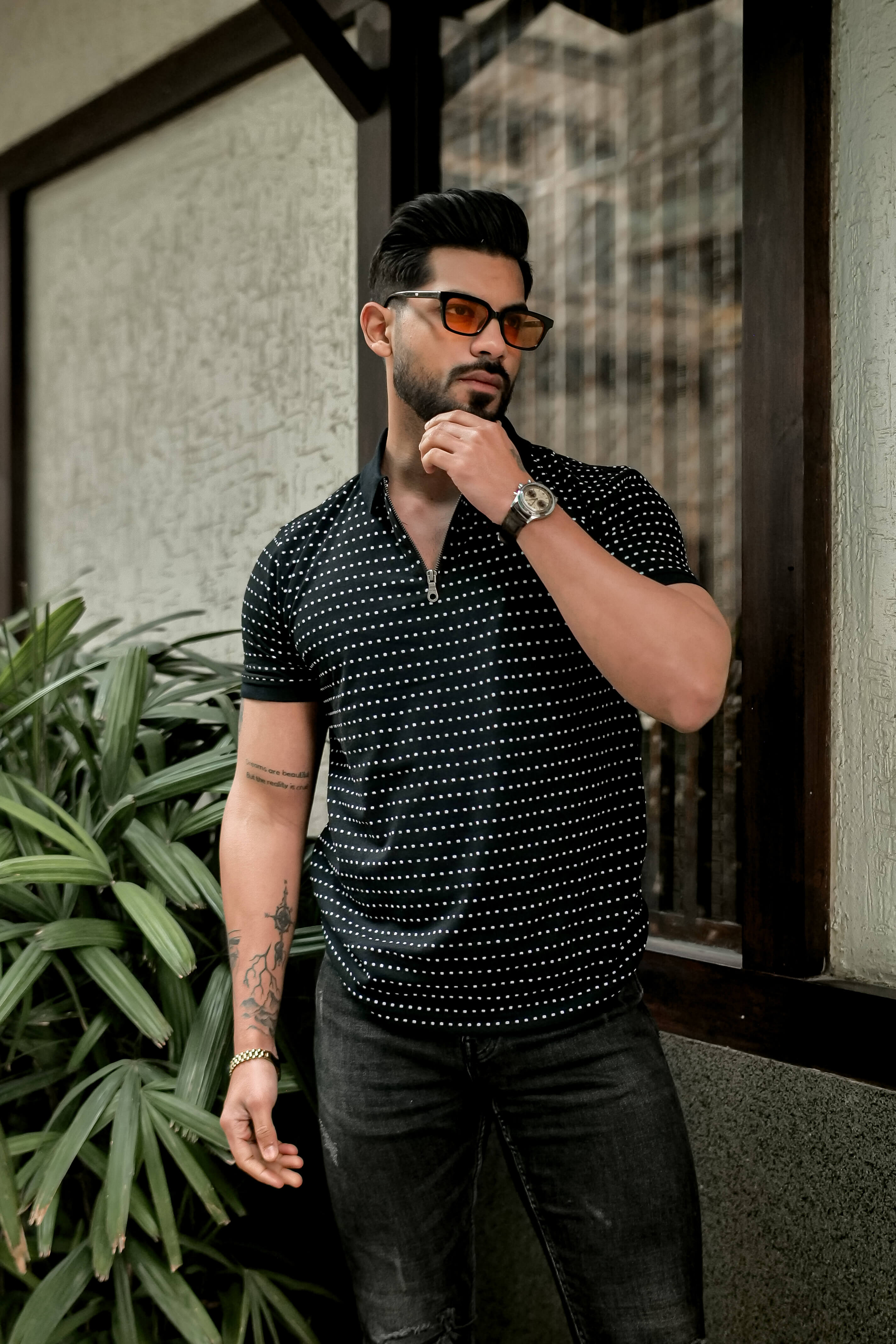 Black Self Design Polo Neck Dot T-Shirt With Collar
