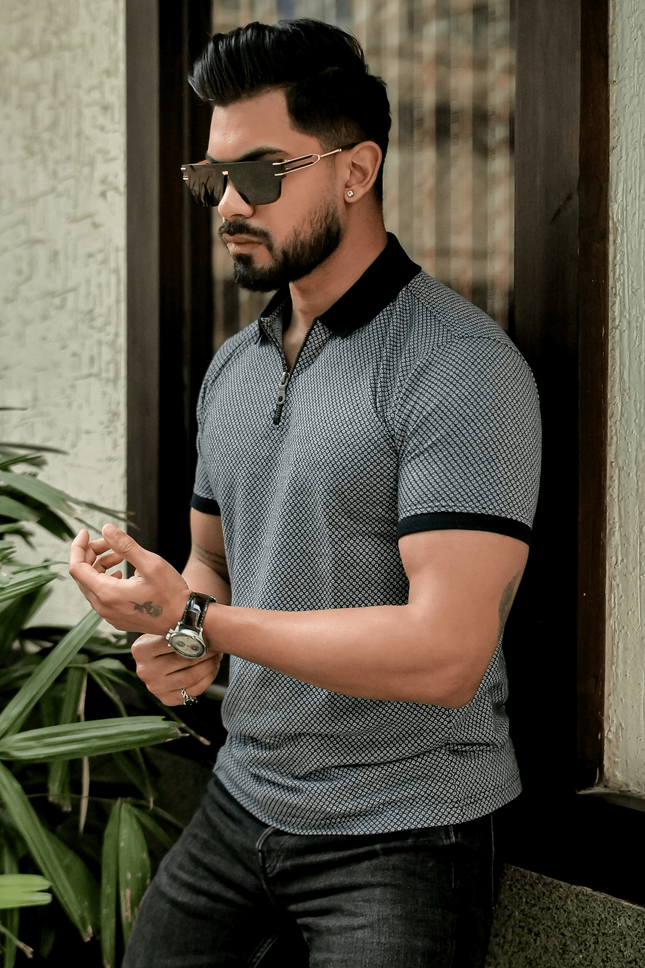 Grey Self Design Polo Neck T-Shirt With Collar