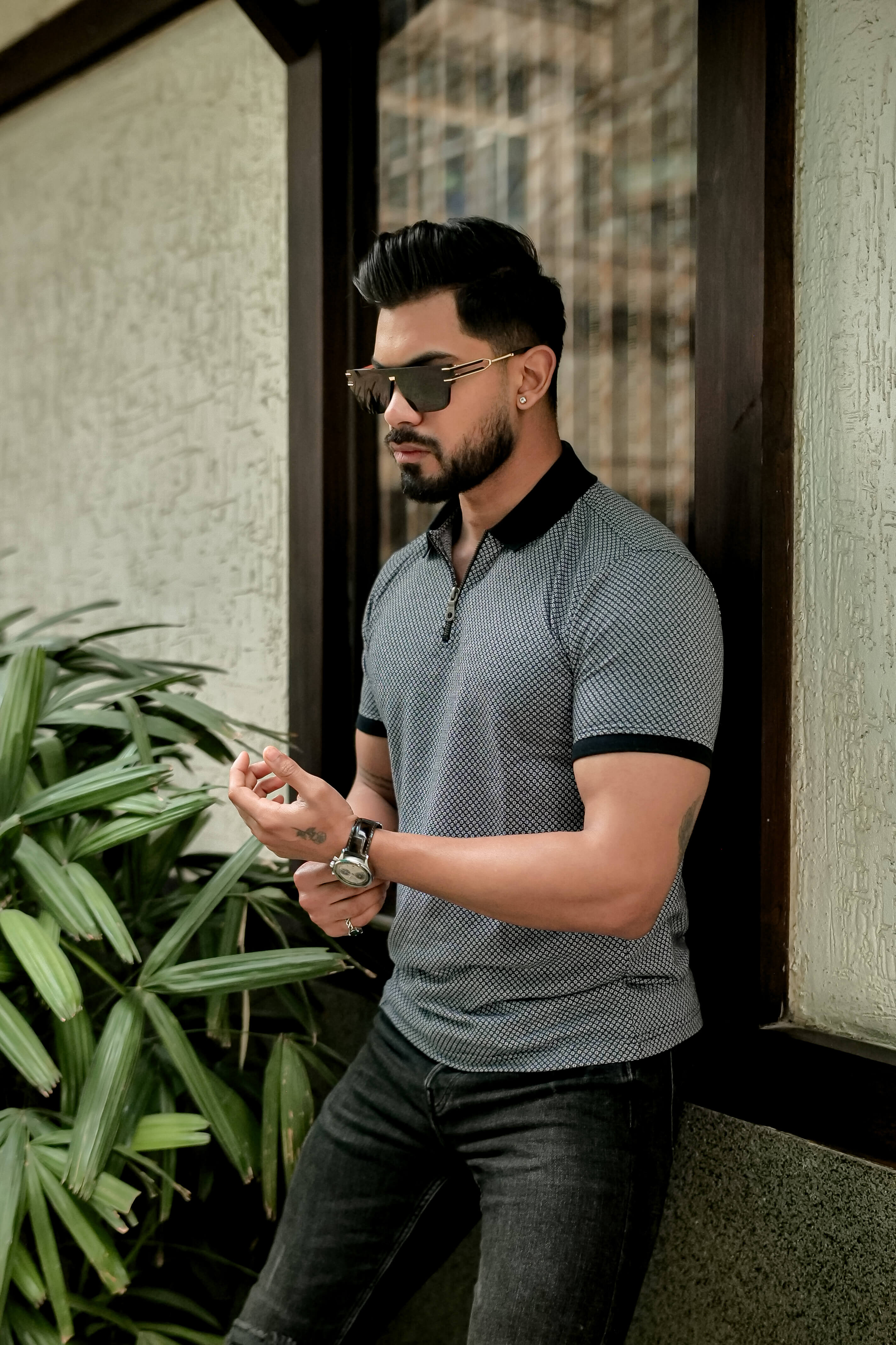 Grey Self Design Polo Neck T-Shirt With Collar
