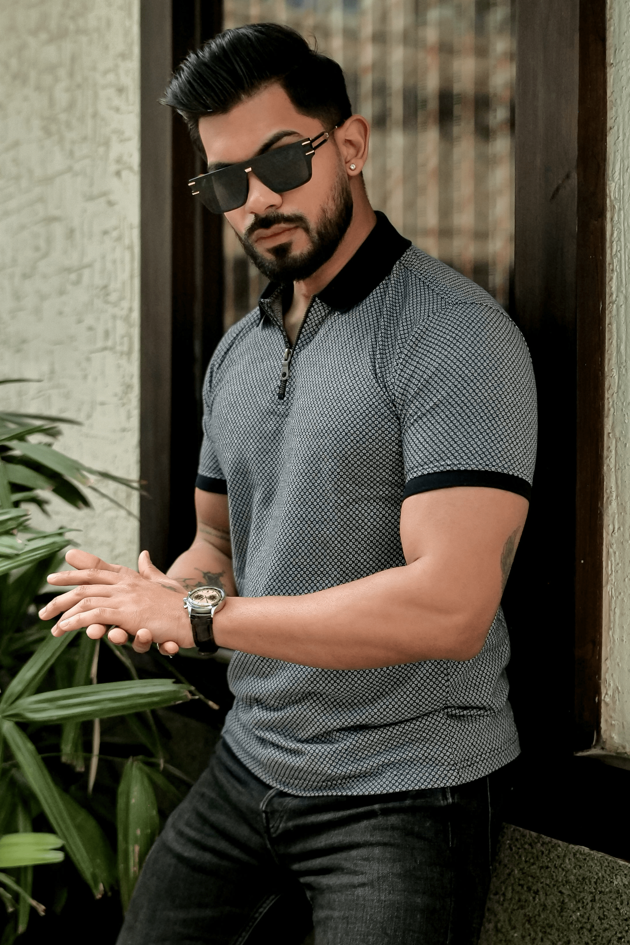 Grey Self Design Polo Neck T-Shirt With Collar