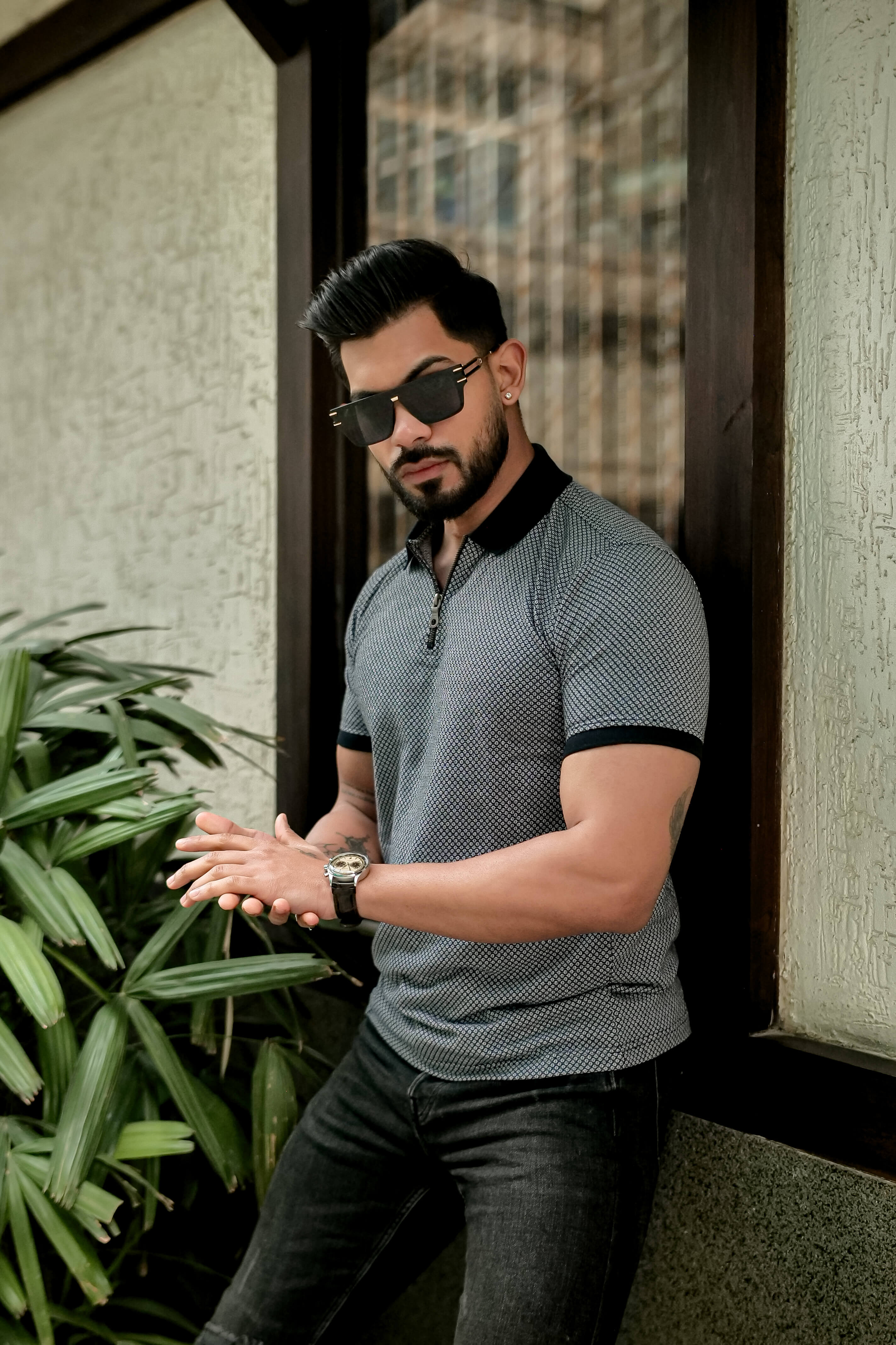 Grey Self Design Polo Neck T-Shirt With Collar